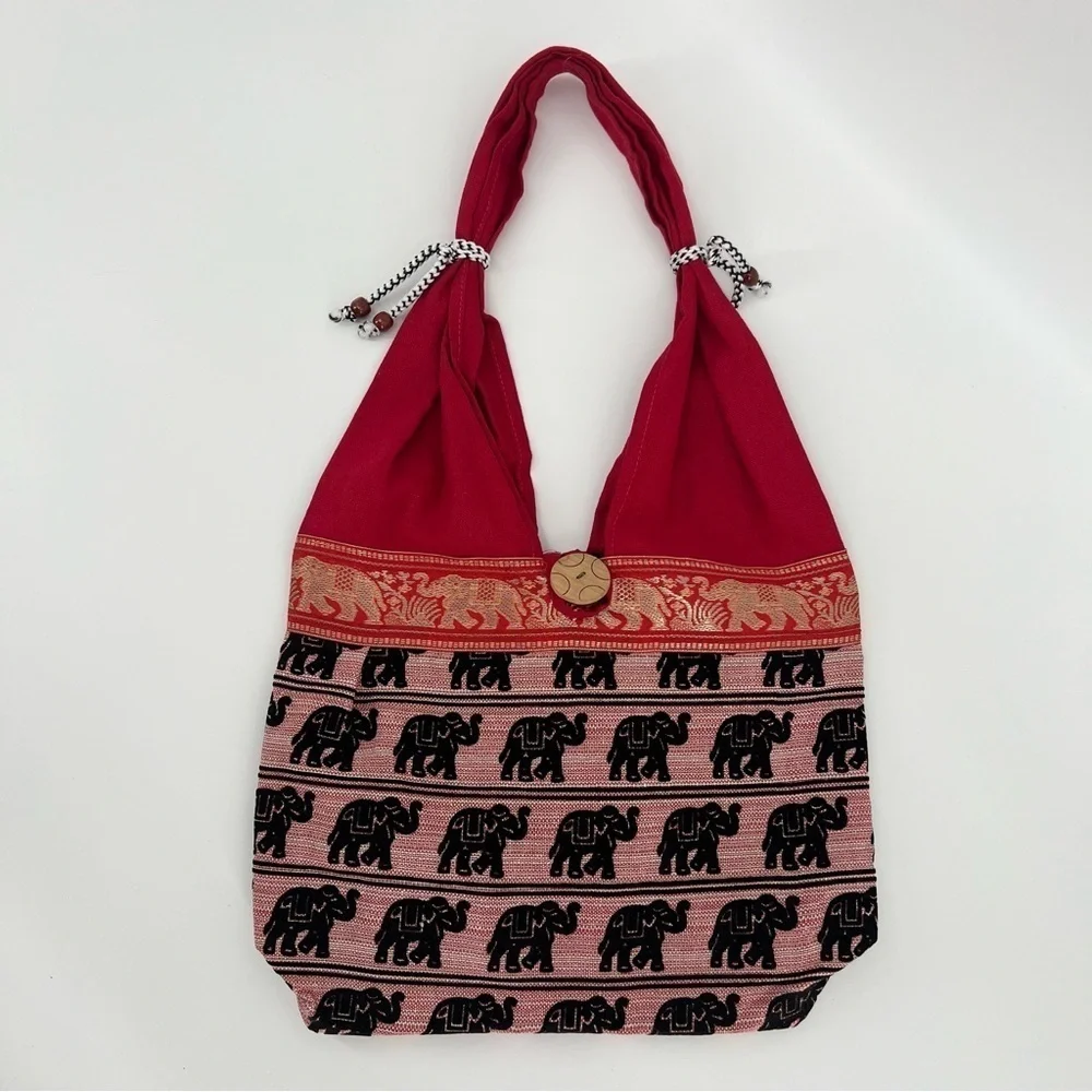 Artisan Ethnic Elephant Print Canvas Boho Shoulder Bag in Red - Picture 2 of 8